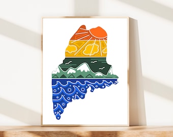 State of Maine Colorful Landscape Art Print - Sarah Hiers Design Maine Print - Maine Landscape Colorful Art Poster