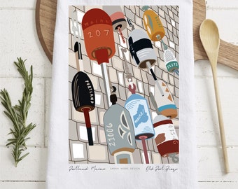 Portland Maine Buoys Tea Towel - Tea Towel by Sarah Hiers Design - Maine Buoy Print - Coastal Maine Buoy Kitchen Towel