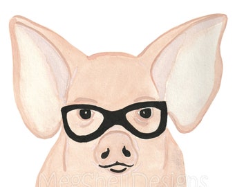 Acuarela Cerdo con Gafas