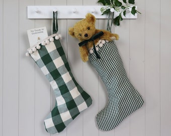 Personalised Green Check Gingham Christmas Santa Stocking