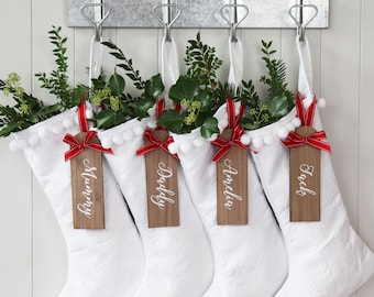 Pure White Santa Christmas Holiday Stocking With Personalised Wooden Tag