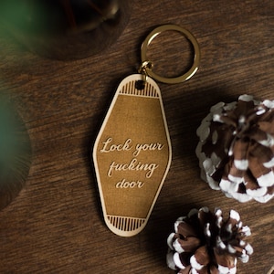 lock your fucking door keychain | my favorite murder keychain gift | wood engraved hotel motel key tag | mfm | sdgm | murderino true crime