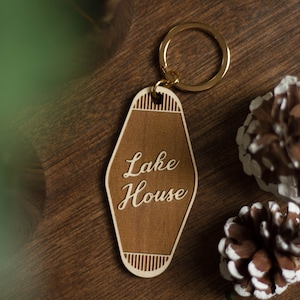 LAKE HOUSE wood hotel keychain | custom personalized motel keychain, lake cabin gift lake house motel keychains,
