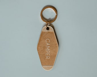 CAMPER wood motel keychain | custom personalized hotel keychain, happy camper gift, rv life, custom rv gift ideas, camping gift ideas