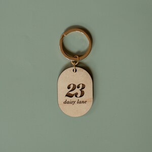 custom address keychain | personalized engraved wood motel keychain, air bnb keychain, realtor closing gift for client