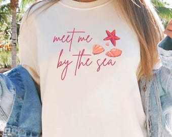Meet Me By The Sea, Comfort Colors Coastal T-Shirt, Beach Travel Summer Shirt, Retro Shell Design