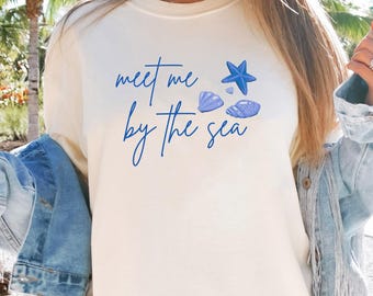 Meet Me By The Sea, Comfort Colors Coastal T-Shirt, Beach Travel Summer Shirt, Retro Shell Design