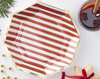 Red & Gold Striped Christmas Paper Plates