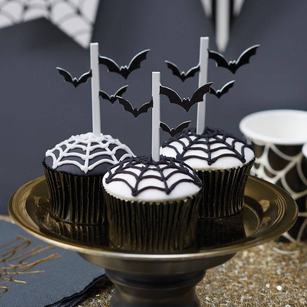 Black and White Bat Halloween Cupcake Toppers