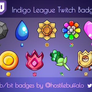 May include: Nine Twitch badges featuring various colorful gems and designs, including a diamond, a water drop, a sun, a flower, a heart, a coin, a flame, a plant, and a shield. The text "Indigo League Twitch Badges" is at the top of the image. The text "9 sub/bit badges by @hostilebuffalo" is at the bottom of the image.