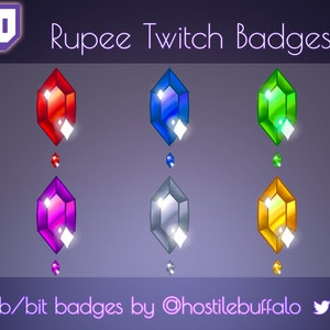 May include: Six colorful, gem-shaped Twitch badges, designed to look like rupees from the Legend of Zelda video game series. The badges are in red, blue, green, purple, silver, and gold.