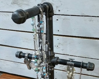 Industrial Pipe Jewelry Organizer-Metal Jewelry Tree-Reclaimed Jewelry Stand-Jewelry-Wood Jewelry Stand-Hanging Jewelry Organizer