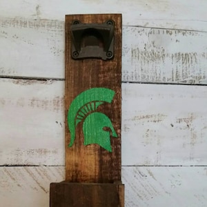 Michigan State University Bottle Opener- Officially Licensed Product #8115-Spartan Helmet-MSU Wood Bottle Opener-Cap Catcher-Wall Mounted