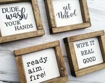 Funny Bathroom Signs - Bathroom Humor Sign - Guest Bath Sign - Bathroom Decor - Half Bath - Farmhouse Decor - Get Naked - Mini Wood Sign