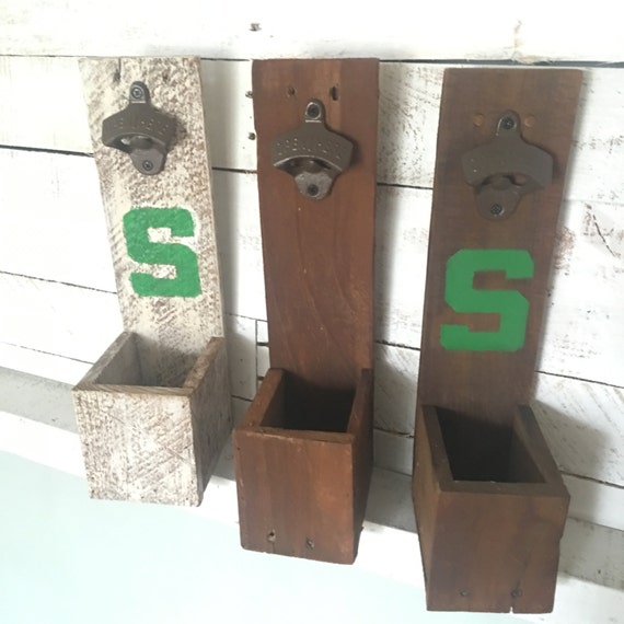 Reclaimed Wood Bottle Opener-Officially Licensed Product #8115-Michigan State University-Spartans-MSU-Wall Mounted Bottle Opener-Cap Catcher