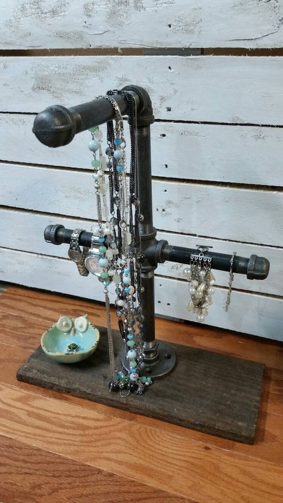 Industrial Pipe Jewelry Organizer-Metal Jewelry Tree-Reclaimed Jewelry Stand-Jewelry-Wood Jewelry Stand-Hanging Jewelry Organizer