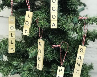 Scrabble Tile Ornaments | Scrabble Letters | Wood Tiles | Word Tiles | Christmas Ornaments