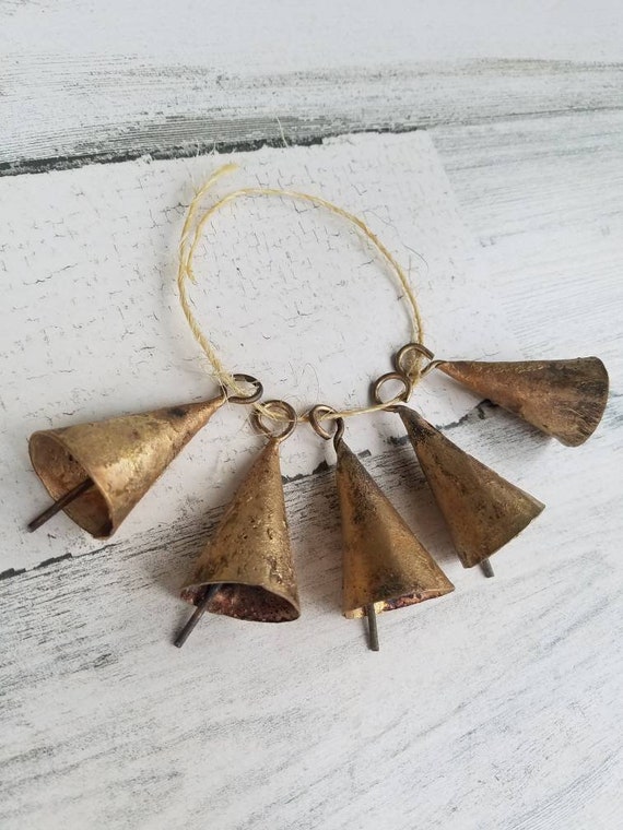 Rustic Bells-5 Long Triangle Handmade Tin Bells-Jingle Bells-Craft Projects- Melodic Ring Tone-Make Wind Chimes-Rustic Old World Look