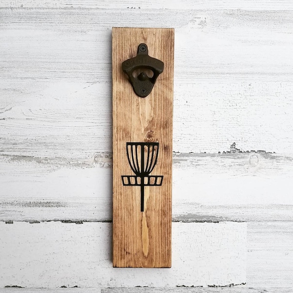 Disc Golf Basket Bottle Opener - Wood Bottle Opener - Magnetic -  Groomsman Birthday Anniversary Gift - Froth Decor - Man Cave - Bar Decor