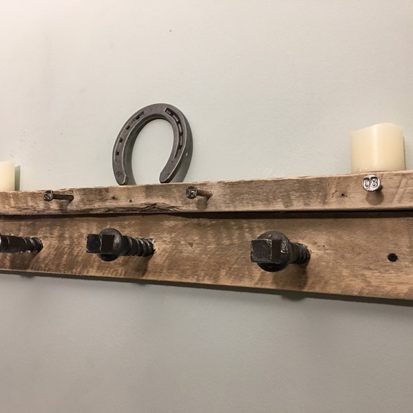 Rustic Coat Rack-Wall Hanger with Antique Date Nails Railroad Tie Spike Screws-Reclaimed Pallet & Railroad Spikes Coat Rack-Entryway Organi
