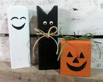 3 Wooden Halloween Set, Rustic Wooden Ghosts, Black Cat and Pumpkin,  Rustic Halloween Decor-Fall Decor, Farmhouse