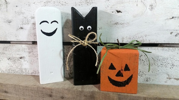 3 Wooden Halloween Set, Rustic Wooden Ghosts, Black Cat and Pumpkin,  Rustic Halloween Decor-Fall Decor, Farmhouse