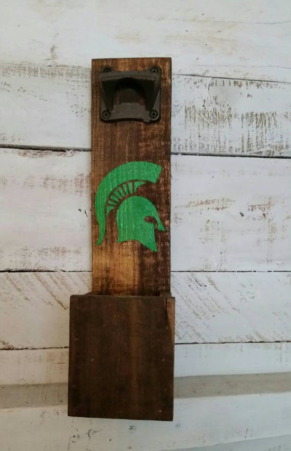 Michigan State University Bottle Opener- Officially Licensed Product #8115-Spartan Helmet-MSU Wood Bottle Opener-Cap Catcher-Wall Mounted