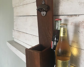 Wood Bottle Opener-Wall Mounted Bottle Opener-Bottle Cap Catcher-Gifts For Him-Man Cave-Custom-Personalize