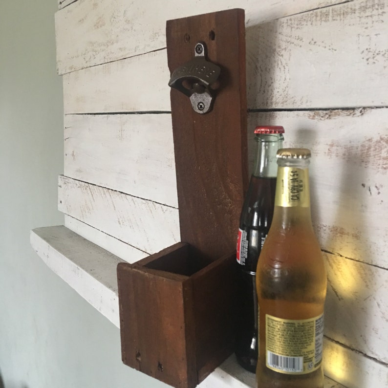 Wood Bottle Opener-Wall Mounted Bottle Opener-Bottle Cap Catcher-Gifts For Him-Man Cave-Custom-Personalize image 1
