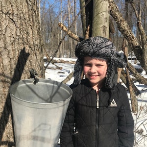 Puede incluir: Una persona joven con una chaqueta acolchada negra y un gorro de piel se encuentra junto a un arce con un cubo de metal colgado. El cubo se utiliza para recoger savia para hacer jarabe de arce.