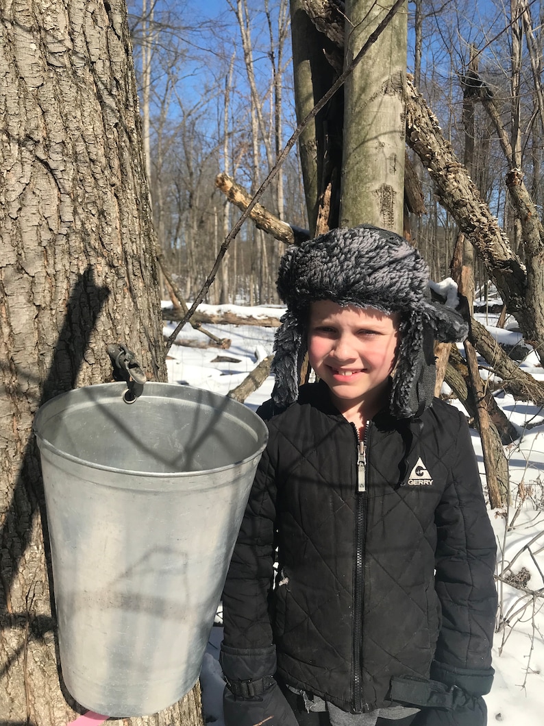 Puede incluir: Una persona joven con una chaqueta acolchada negra y un gorro de piel se encuentra junto a un arce con un cubo de metal colgado. El cubo se utiliza para recoger savia para hacer jarabe de arce.