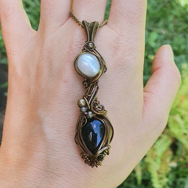 Alternative and unique copper wire wrap fresh water pearl and protection black onyx crystal pendant, howls moving castle spirit talisman
