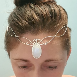 Silver blue Moonstone Crystal elven Bride wedding crown, art nouveau tiara, elven fairy diadem festival circlet, celtic meditation crown