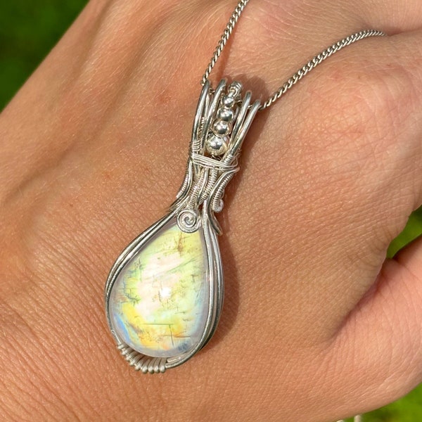 Golden flash simple Moonstone/Crystal healing/whimsical silver pendant/fantasy Arwen fairy/art nouveau Atlantis quality/channelled wire wrap