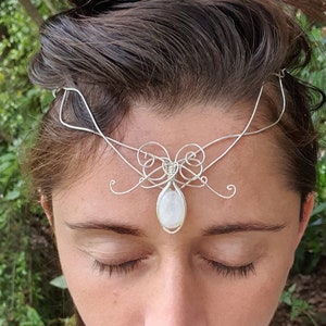 Silver blue Moonstone Crystal elven Bride wedding crown, art nouveau tiara, elven fairy diadem festival circlet, celtic meditation crown