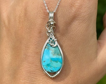 Australian made/simple symmetrical fairy pendant/genuine Mojave Turquoise Crystal/fine silver wire wrap chakra healing/teardrop blue amulet