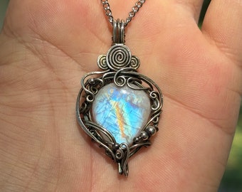 Quality Moonstone/Crystal healing/whimsical silver pendant/fantasy Arwen fairy/spiral art nouveau Atlantis necklace/channelled wire wrap