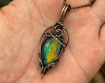 Whimsical witch pendant/fantasy fairytale jewelry/magic copper/Aurora Opal/artistic quality/healing talisman/high vibration frequency elven