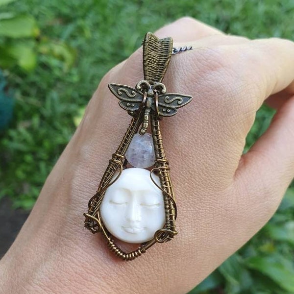 REDUCED TO CLEAR white Moon face wire wrap, copper dragonfly Moonstone crystal Spirit Guide Character pendant/Angel Goddess/light warrior