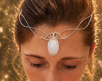 Silver Moonstone Crystal Wedding Crown: Elven Art Nouveau Tiara