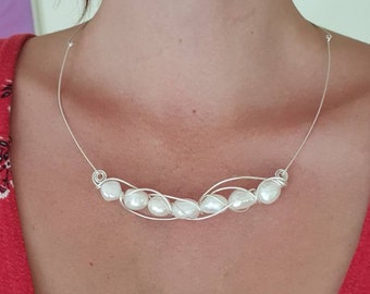 Australian made Elegant large freshwater pearl statement piece strand in fine silver art nouveau wedding formal bib choker necklace,