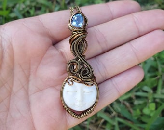 Whimsical, ethereal Spirit Guide Character pendant, with Topaz, higher self white Moon face Angel Goddess, light warrior crystal talisman