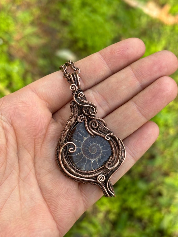 Ammonite Fossil Pendant: Copper Wire Wrapped Nautilus Jewelry