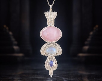 Collar de la Sacerdotisa de la Rosa, colgante de cuarzo rosa, piedra lunar y tanzanita, talismán de cristal de plata fina, collar reversible de la diosa.