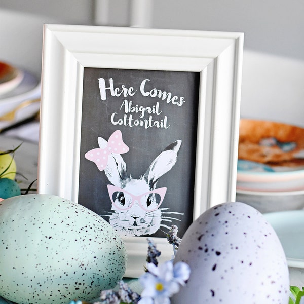 Here Comes Abigail Cottontail Easter Brunch Bunny Party Instant Download Printable PDF 5"x7" Tabletop Sign, Chalkboard Hipster Bunny Glasses