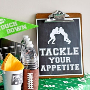 Football Birthday Party Tackle Your Appetite Instant Download Digital Printable PDF file Game Time You Print, Gridiron, chalkboard, Time Out