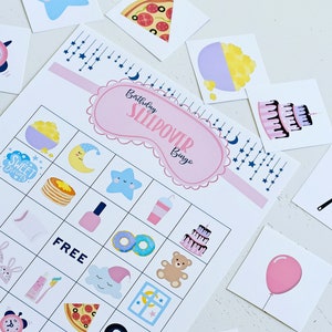 Verjaardag Sleepover Bingo, 12 verschillende borden plus trekkingskaarten, Instant Download, Digitale afdrukbare PDF, Slumber, Moon Stars 8,5"x11"