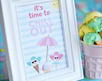 Ice Cream Sprinkle Party 5x7 Sign, It's Time to Chill Out, Kawaii, Sweet Treats, Girl Birthday, Social, Parlor, Summer Birthday, Popsicle