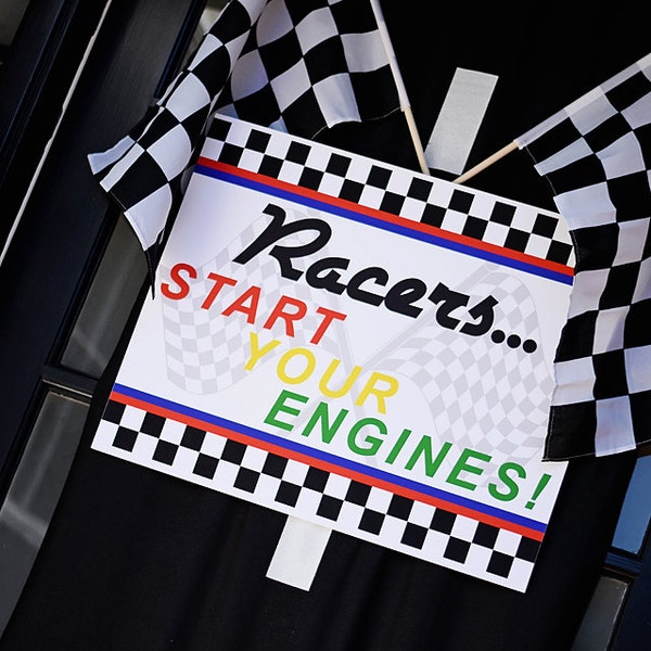 Race Car Party - Racers, Start Your Engines! 8.5" x 11" Welcome Door Sign - Racing Party INSTANT DOWNLOAD PDF Printable, Checkered Flag