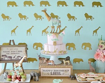Modern Safari Cake Table Backdrop, Dessert Party Table Background - DIGITAL DOWNLOAD 36" x 48" PDF, Instant Download, Gold, Mint, and Pink